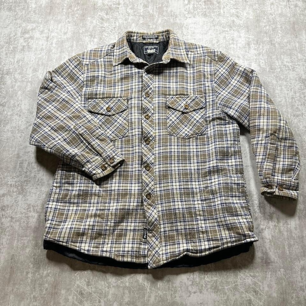 Levi Strauss Quilted Lined Flannel Shirt Jacket Mens L Brown Blue Plaid Workwear
